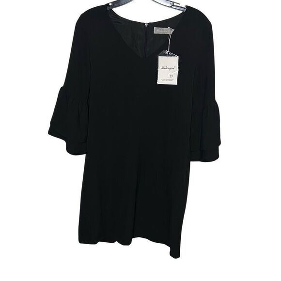 Belongsci Women's Size Medium V Neck Bell Sleeve Shift Dress Black Knee Length - Picture 1 of 5
